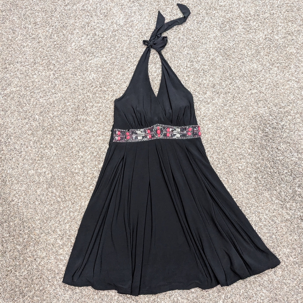 Y2K Beaded Halter Top Pleated Dress Black Size 2